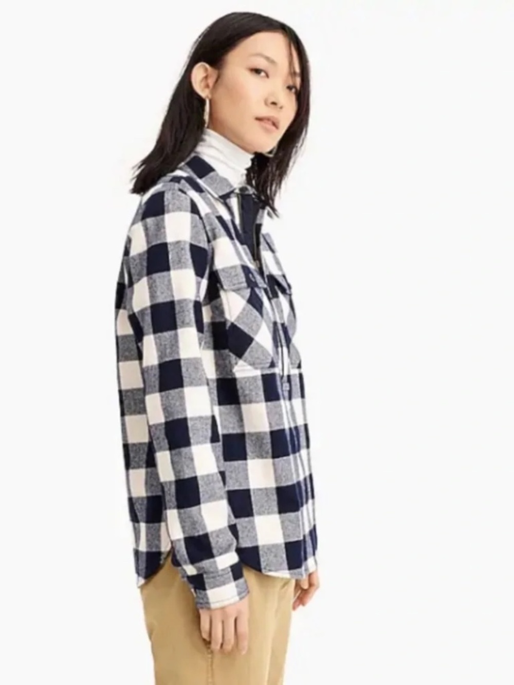 J.CREW Women's Navy and Cream Buffalo Check Plaid Half-Zip Shirt Shirt Jacket - Picture 7 of 13
